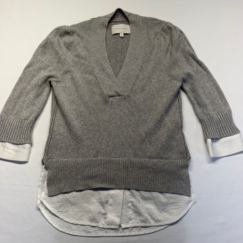 Brochu Walker Looker Layered Sweater XS Gray Cashmere Cotton V Neck 3/4 Sleeve